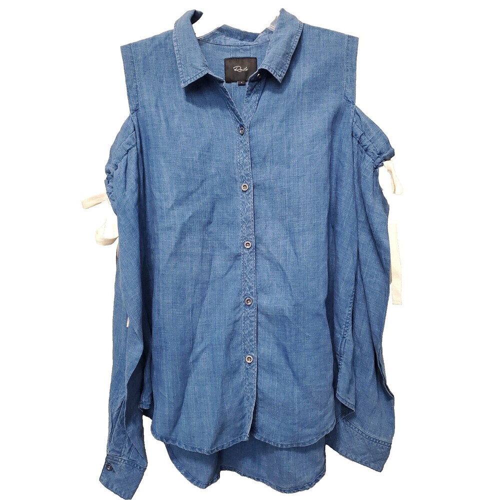 Rails Romy Indigo Linen/Tencel Cold Shoulder Tie-Sleeve Button-Up Shirt Size L